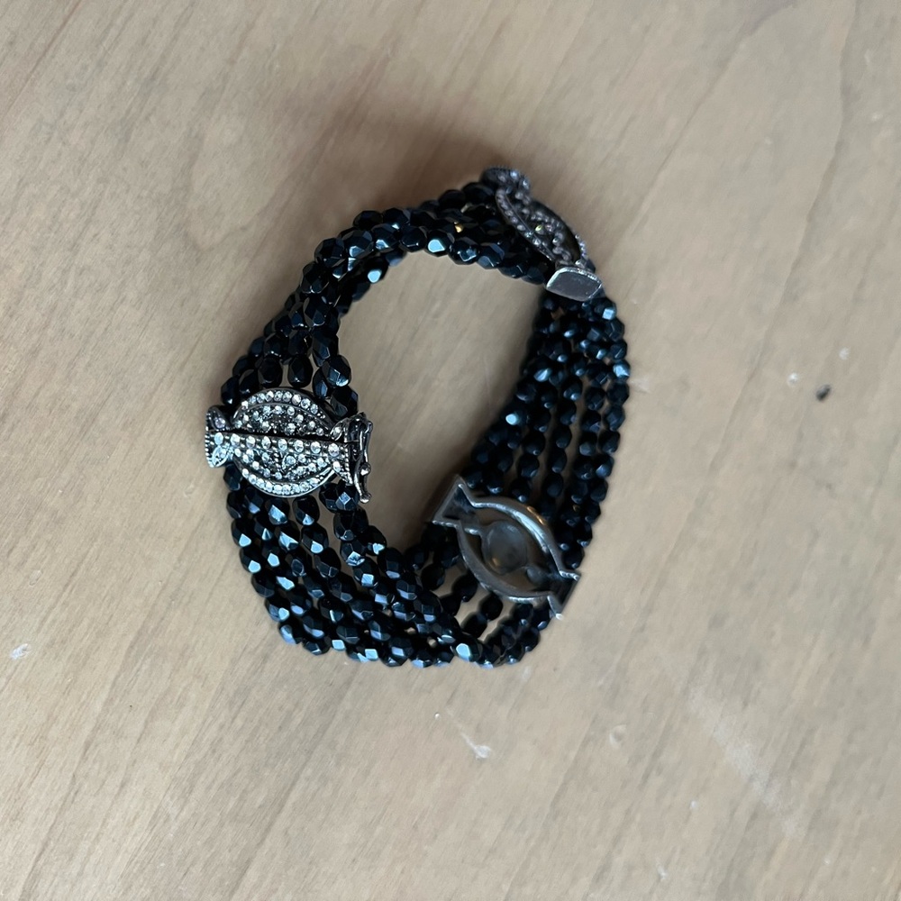 Ralph Lauren Black Beaded Gunmetal Rhinestones Stations Slide Clasp Bracelet